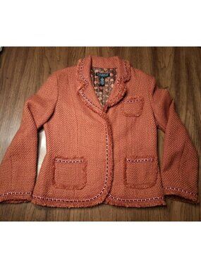 Dialogue Boucle Tweed Wool Blend Blazer Size 12 Burnt Orange Frayed Edge Jacket